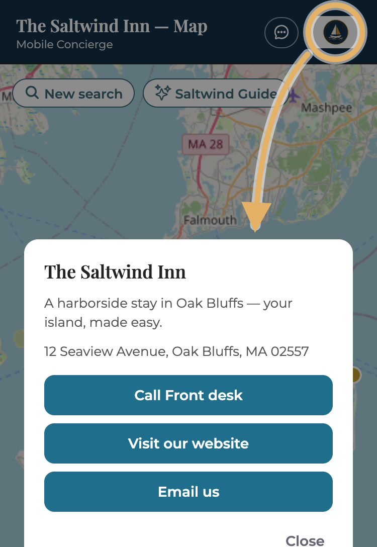 Tapping the hotel logo in the header opens a panel to call the front desk, visit the website, or send an email