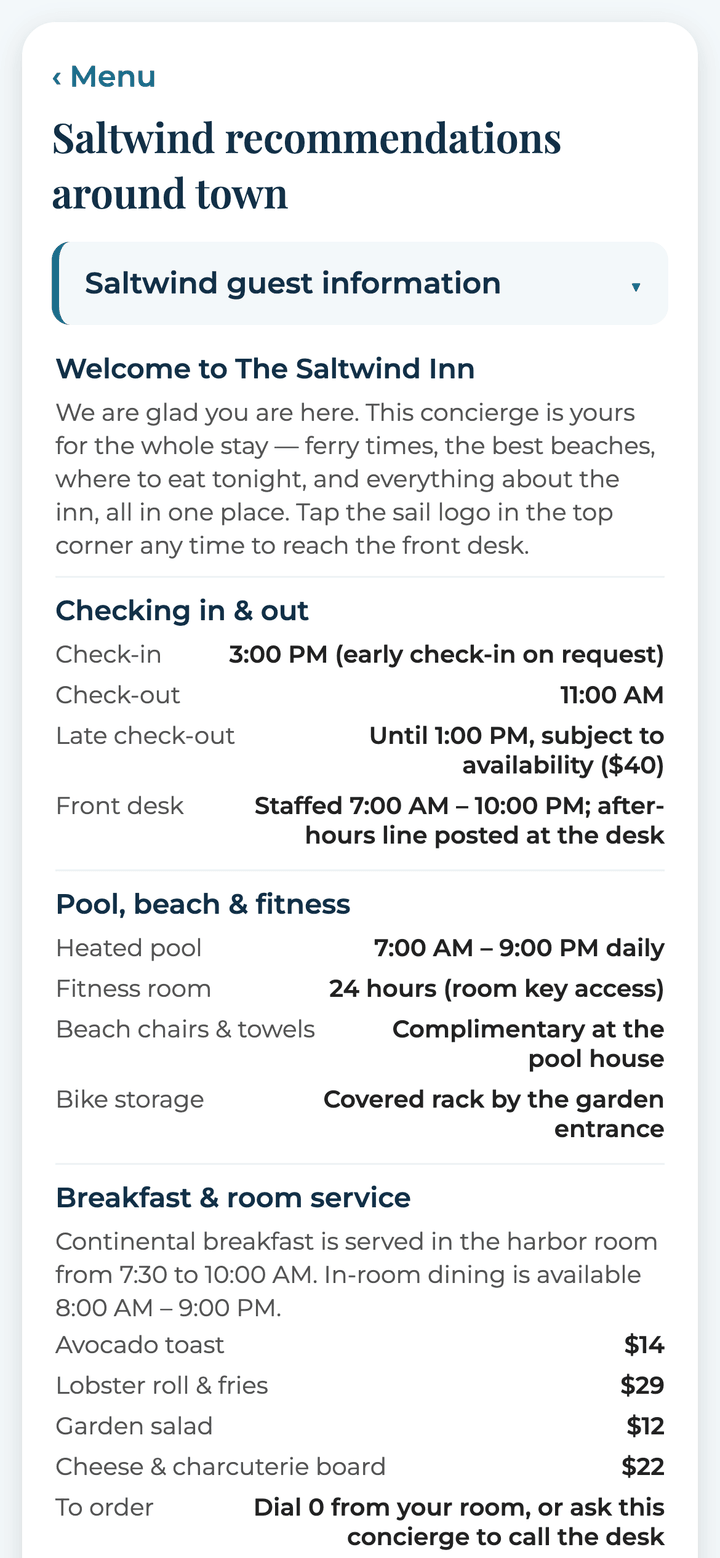The hotel's own guest information section showing check-in times, pool hours, and the room service menu