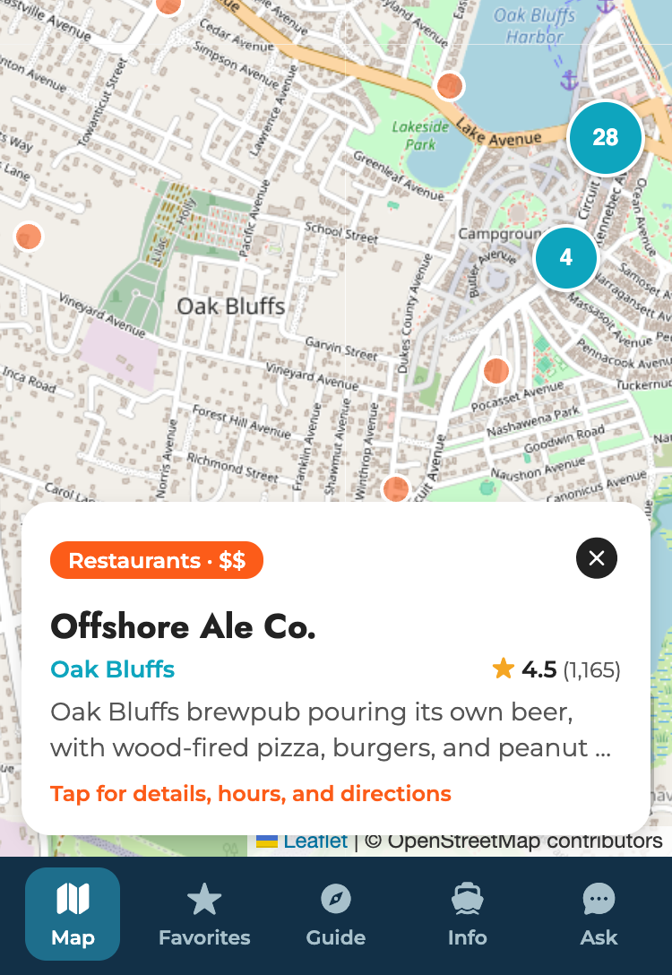 The island map with a tapped pin showing a detail card for Offshore Ale Co. in Oak Bluffs