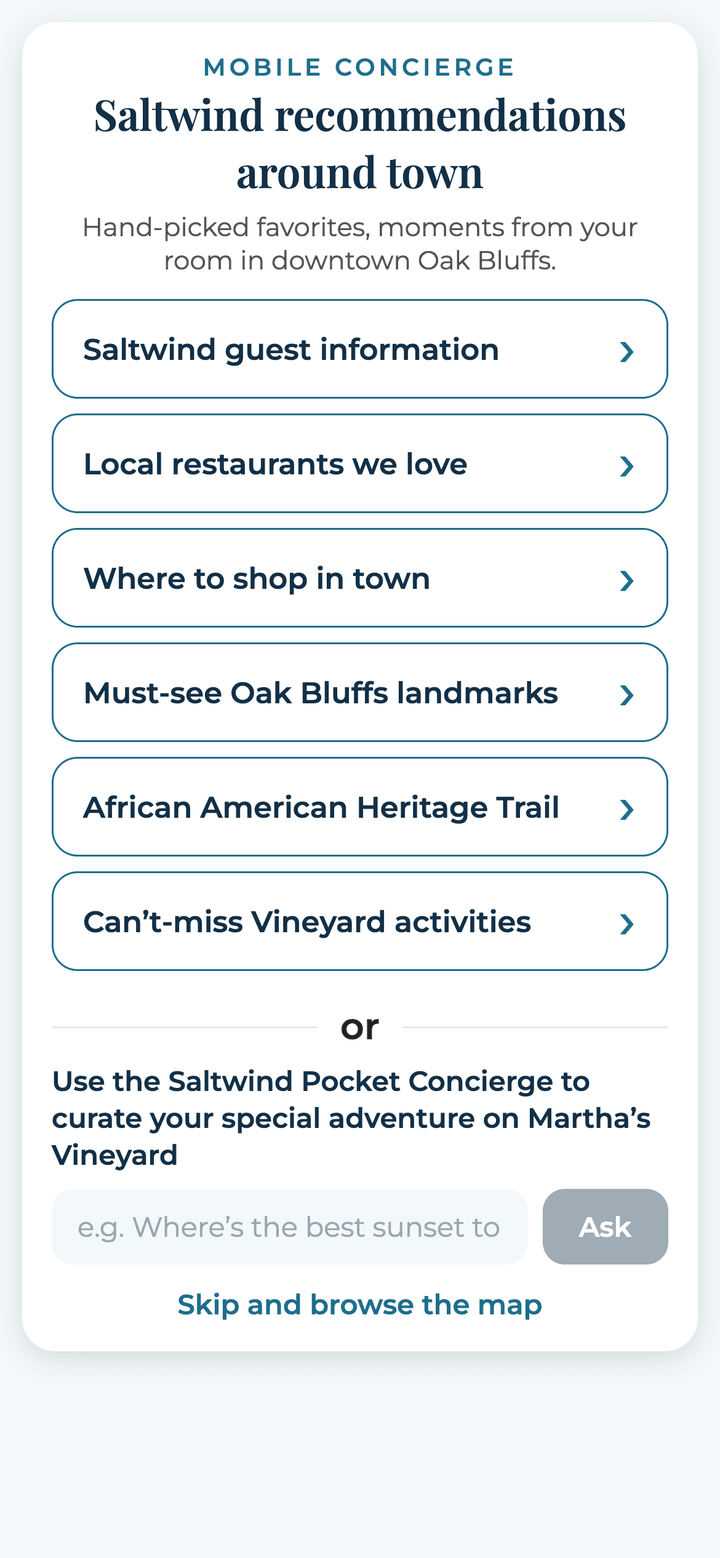 A hotel's curated menu of recommendations, headed Saltwind recommendations around town