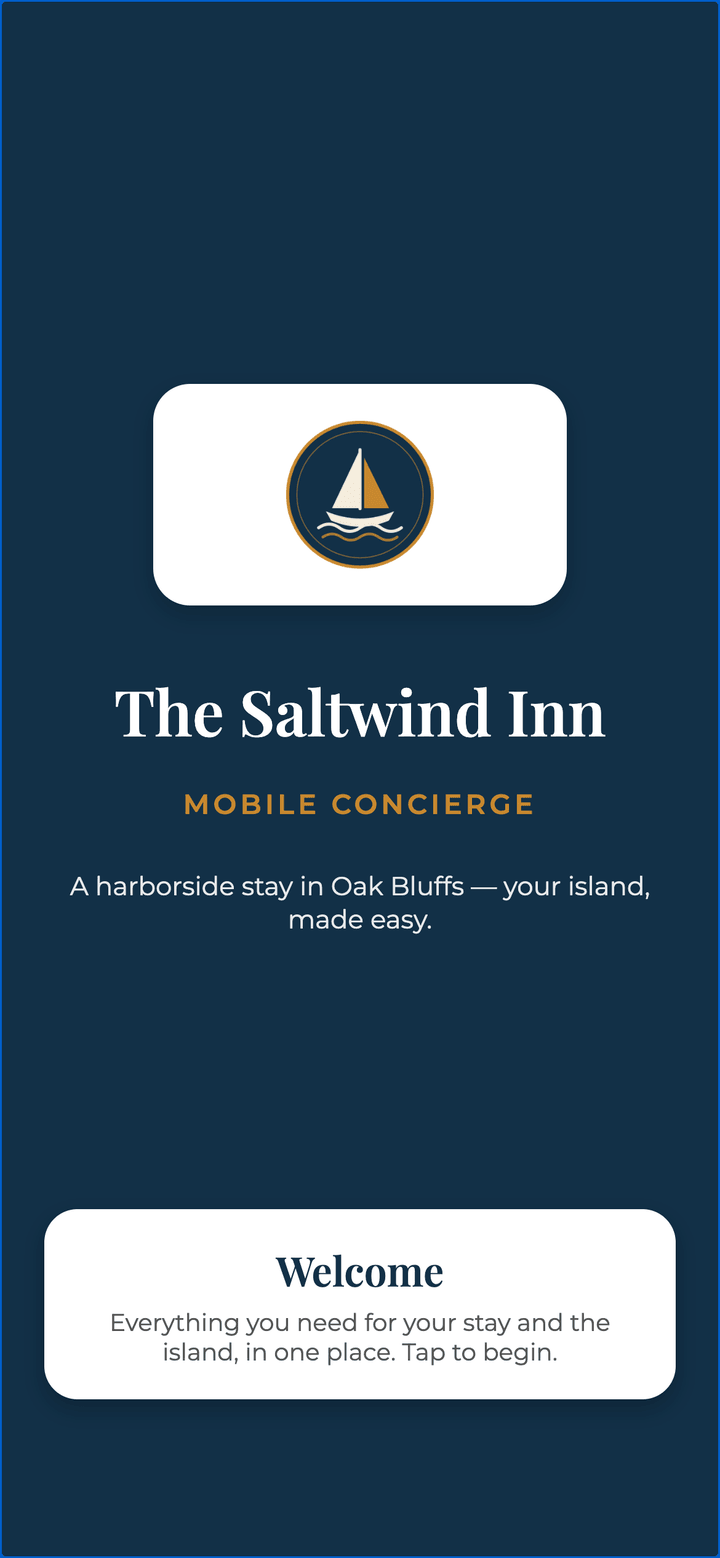 A guest's phone showing The Saltwind Inn's own branded concierge welcome screen